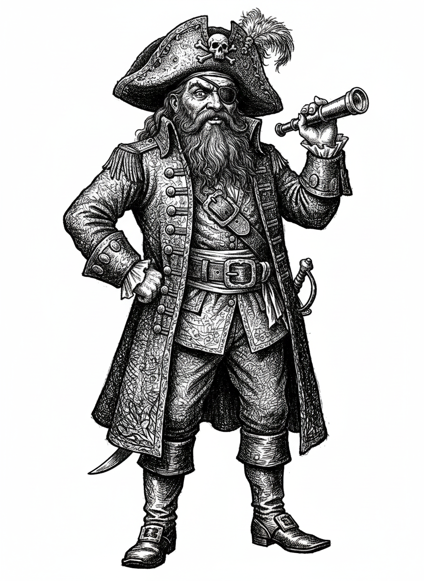 Captain Redbeard the Pirate - Black & White Illustration