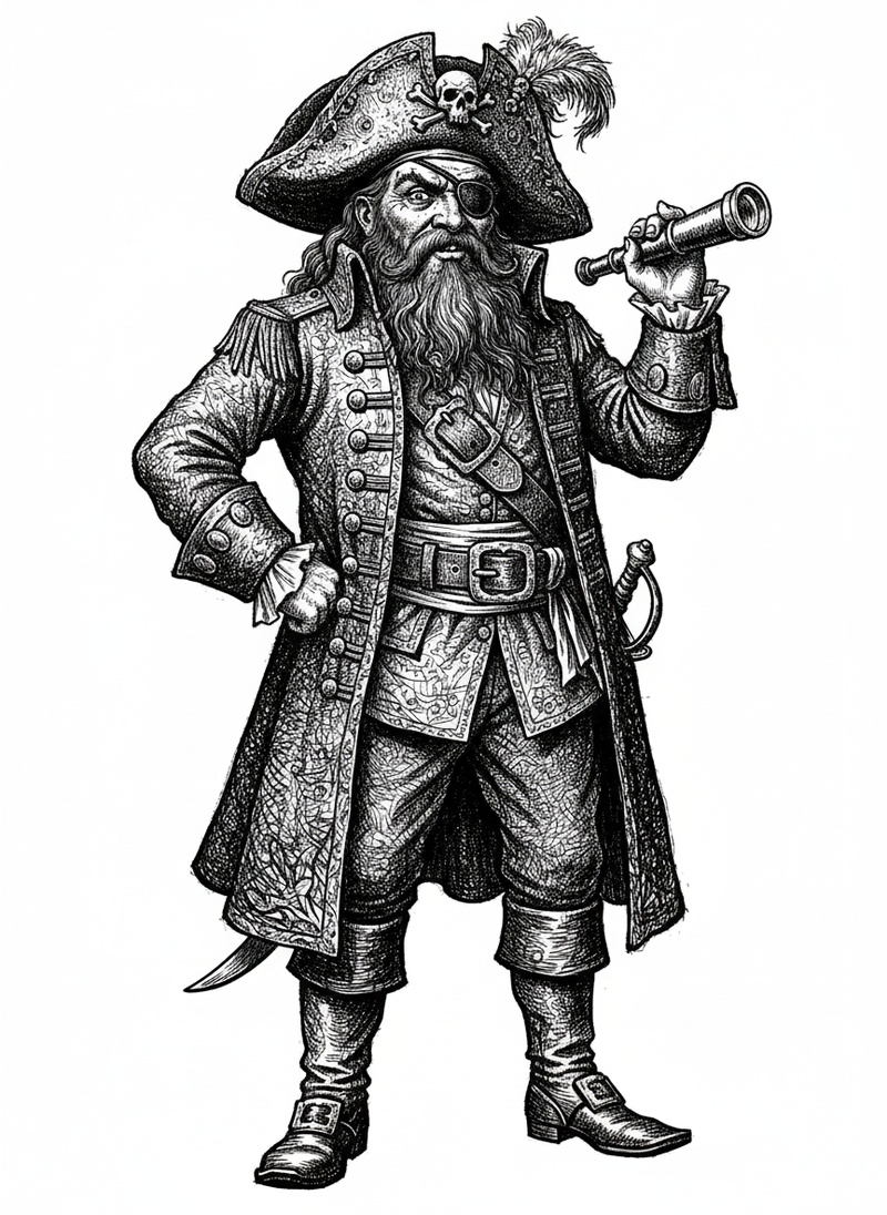 Captain Redbeard the Pirate in Victorian Illustration - Black & White Illustration