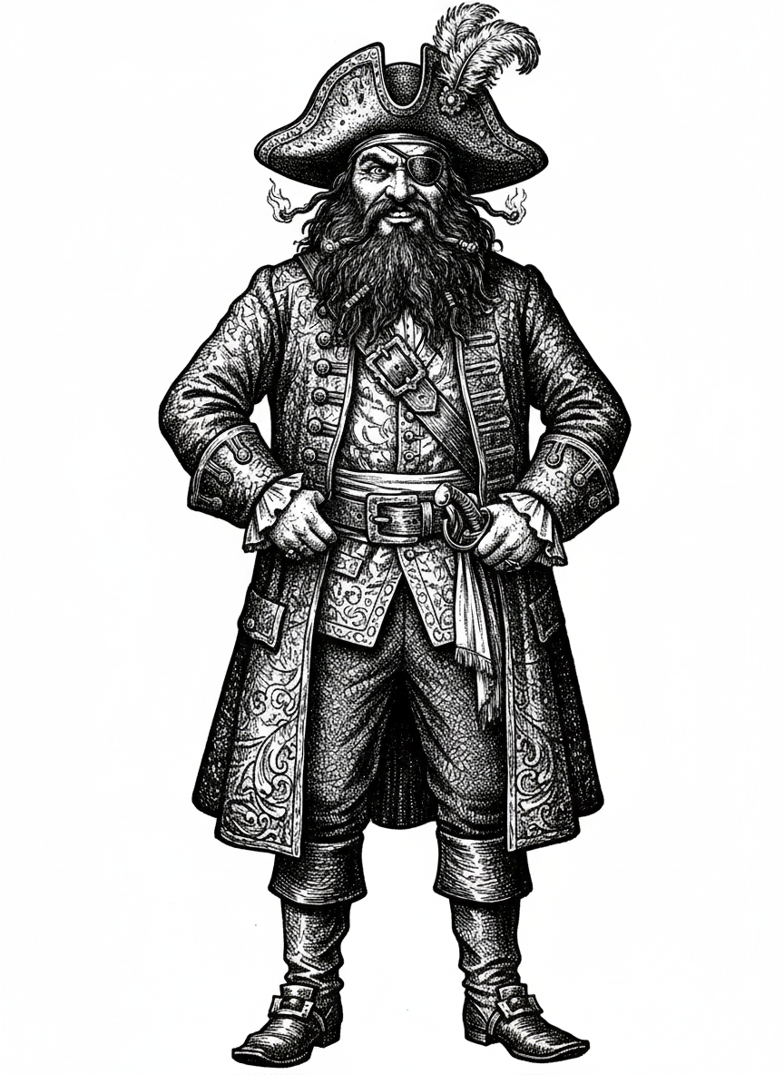 Blackbeard the Villain Pirate - Black & White Illustration