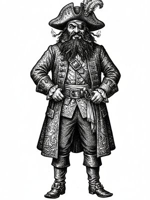 Blackbeard the Villain Pirate in Victorian Illustration - Black & White Illustration