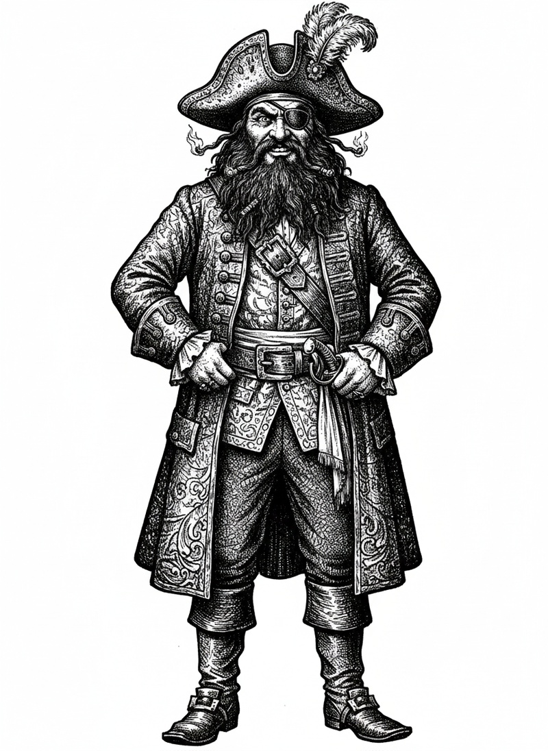 Blackbeard the Villain Pirate in Victorian Illustration - Black & White Illustration