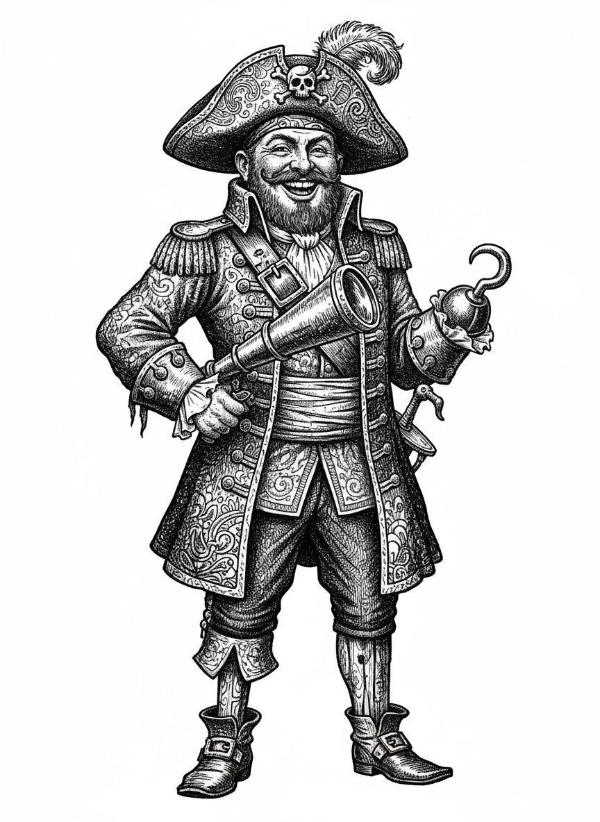 Captain Jolly the Friendly Pirate - Black & White Illustration