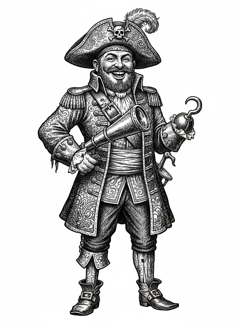Captain Jolly the Friendly Pirate in Victorian Illustration - Black & White Illustration