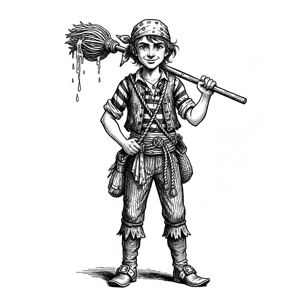 Swabby the Pirate Deckhand - Black & White Illustration