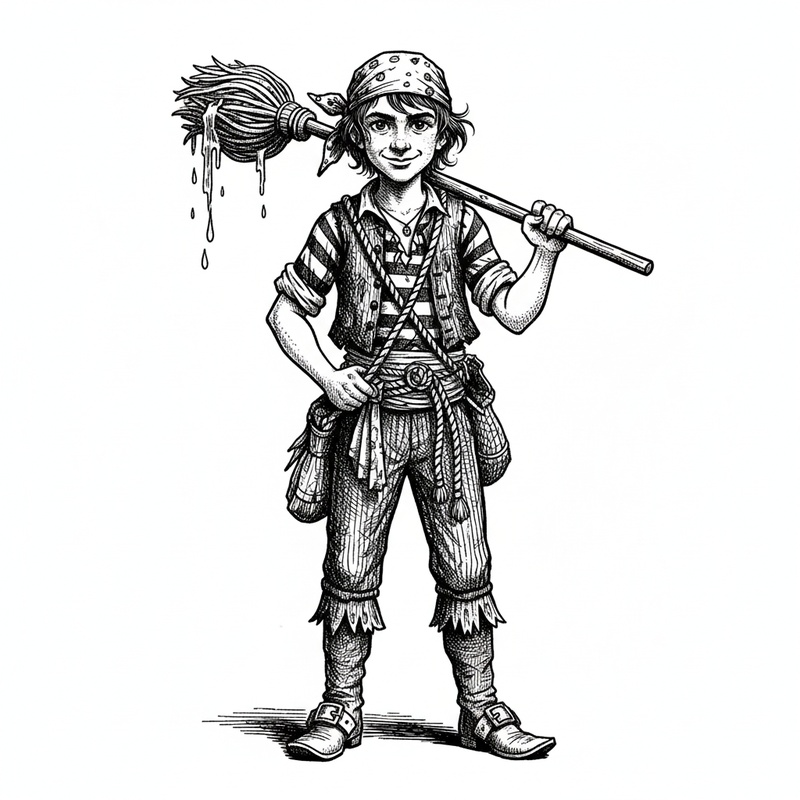 Swabby the Pirate Deckhand in Victorian Illustration - Black & White Illustration