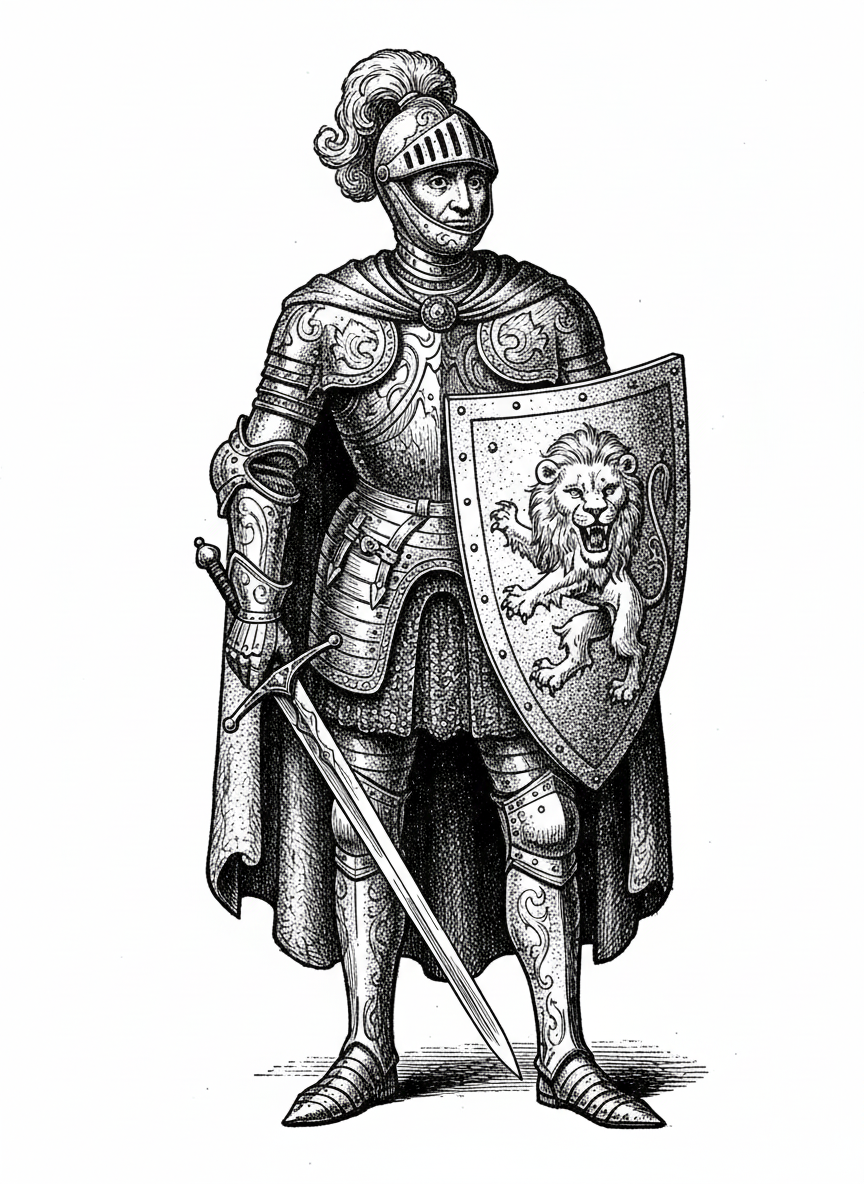 Sir Brave the Noble Knight - Black & White Illustration