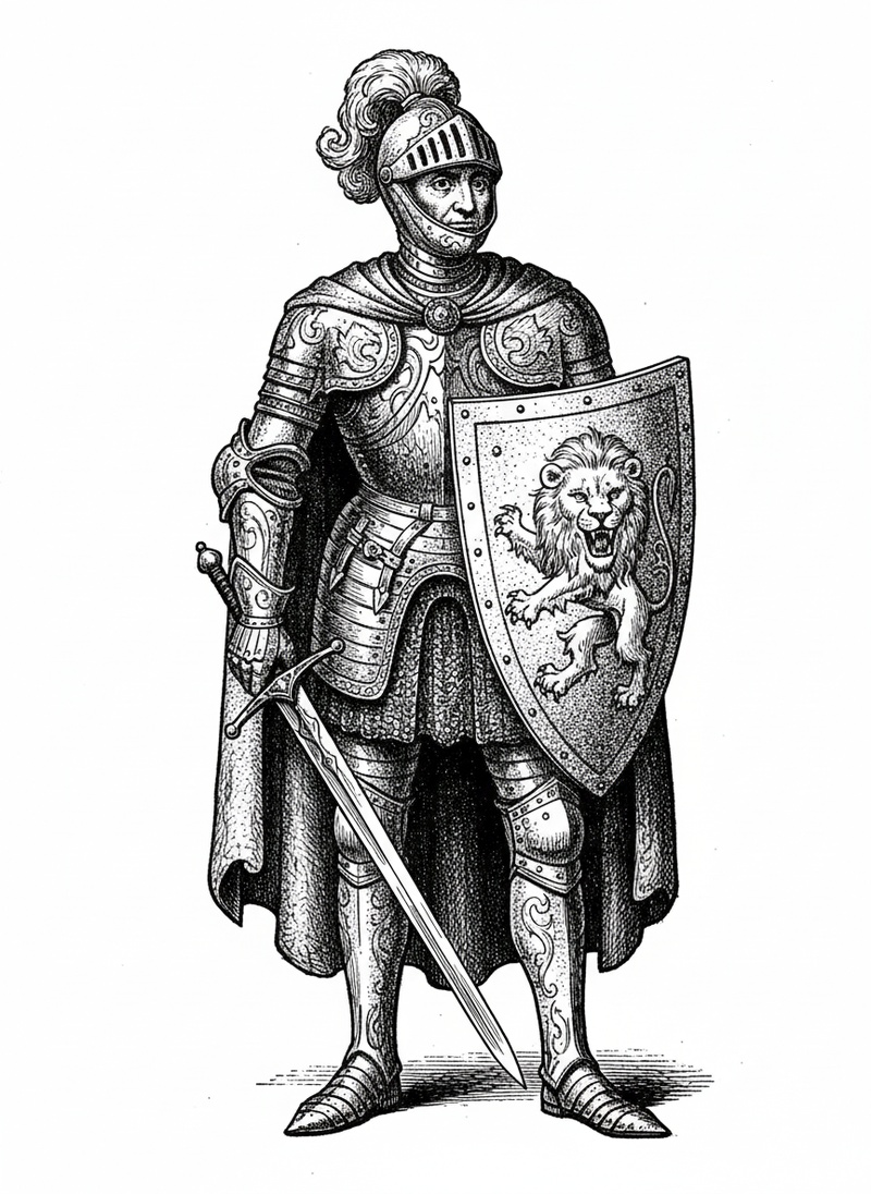Sir Brave the Noble Knight in Victorian Illustration - Black & White Illustration