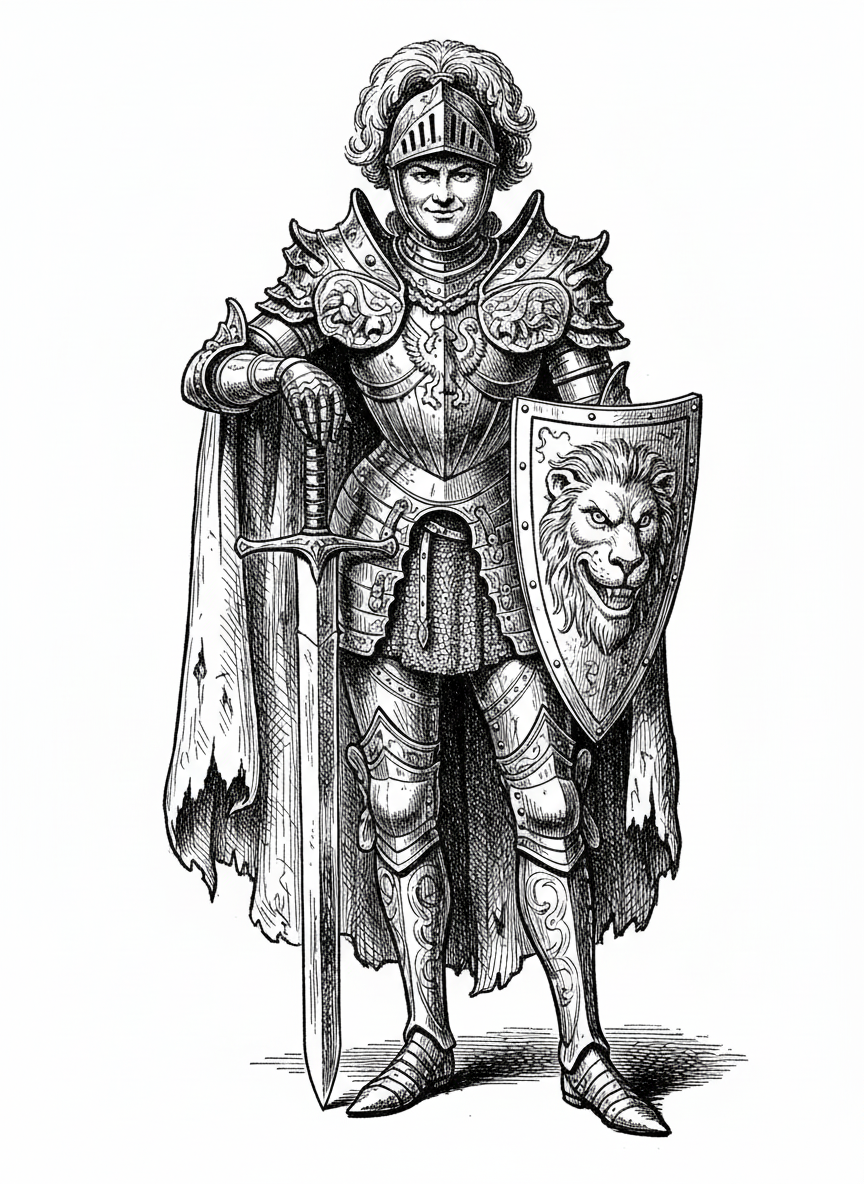 Lady Steel the Female Knight - Black & White Illustration