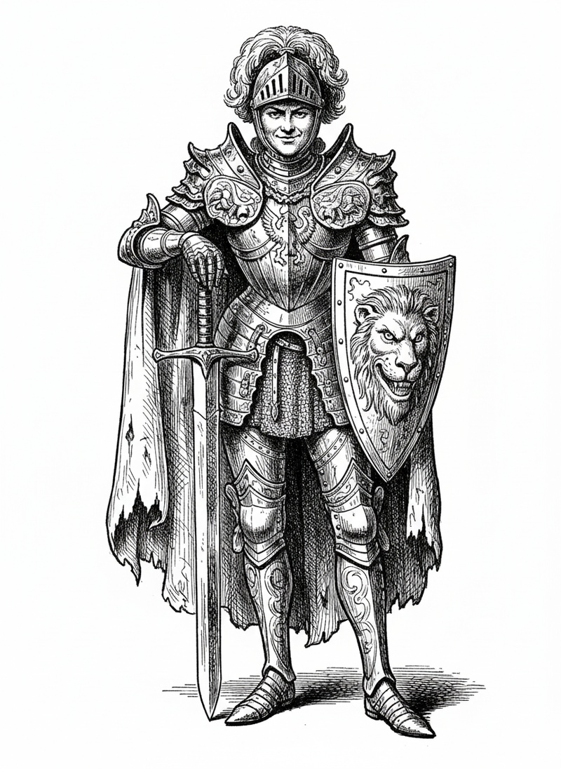 Lady Steel the Female Knight in Victorian Illustration - Black & White Illustration