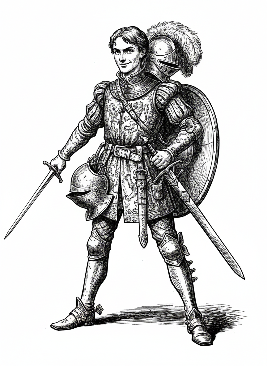 Squire Tom the Knight Trainee - Black & White Illustration