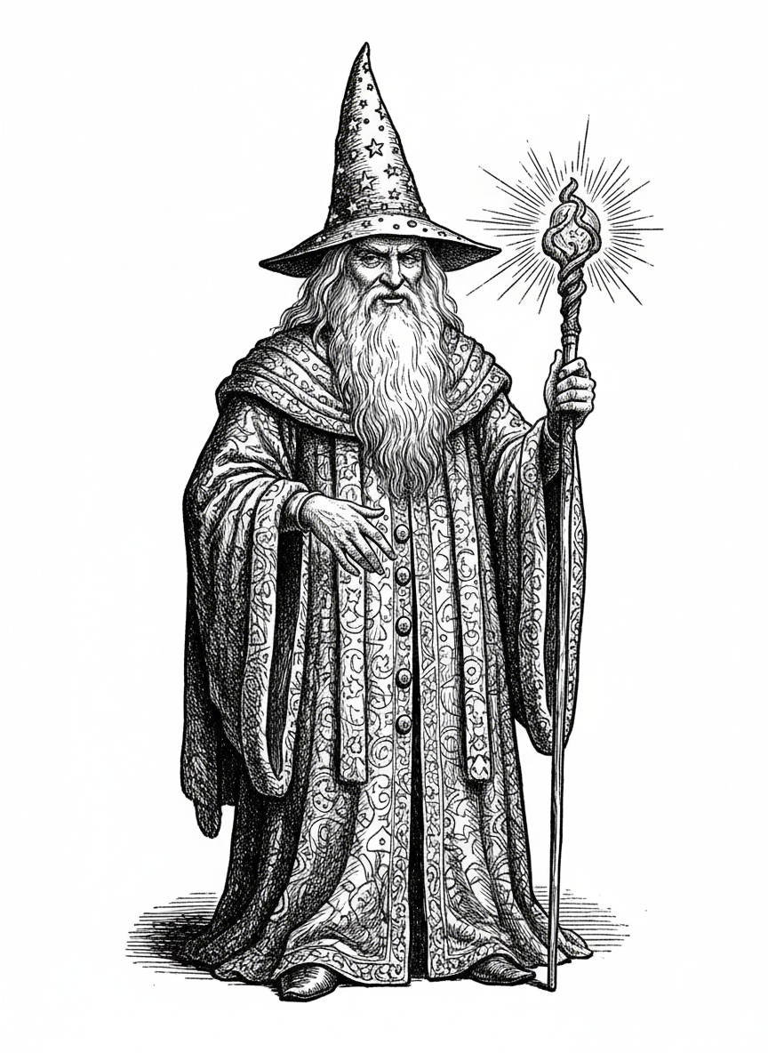 Merlin the Wise Wizard - Black & White Illustration