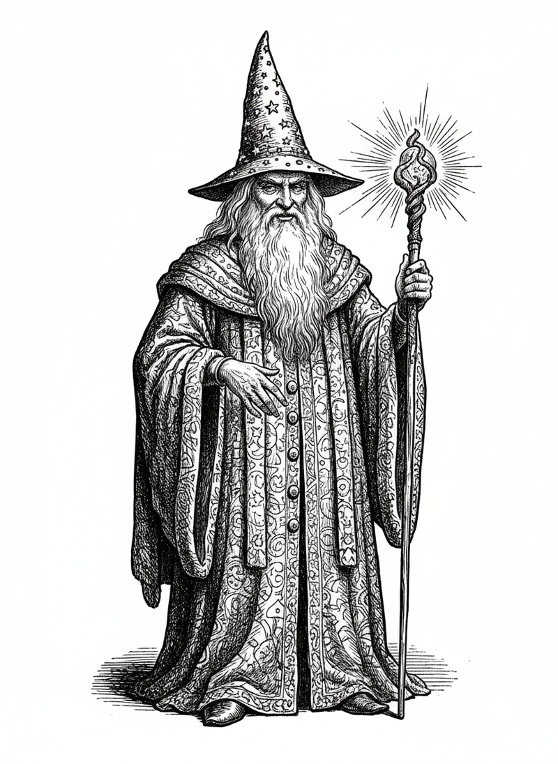 Merlin the Wise Wizard in Victorian Illustration - Black & White Illustration
