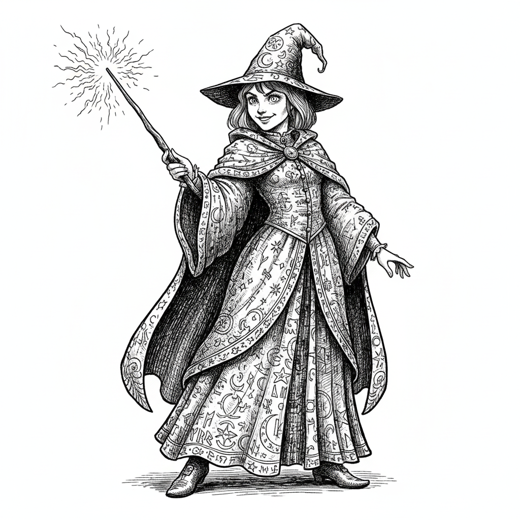 Zara the Young Sorceress - Black & White Illustration