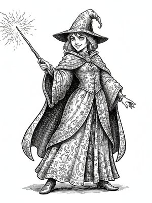 Zara the Young Sorceress in Victorian Illustration - Black & White Illustration