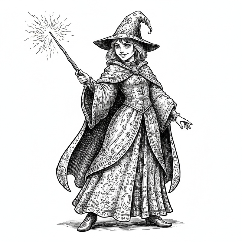Zara the Young Sorceress in Victorian Illustration - Black & White Illustration