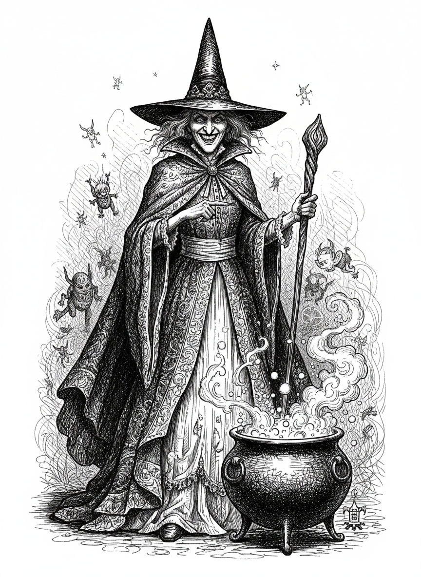 Morgana the Dark Witch - Black & White Illustration