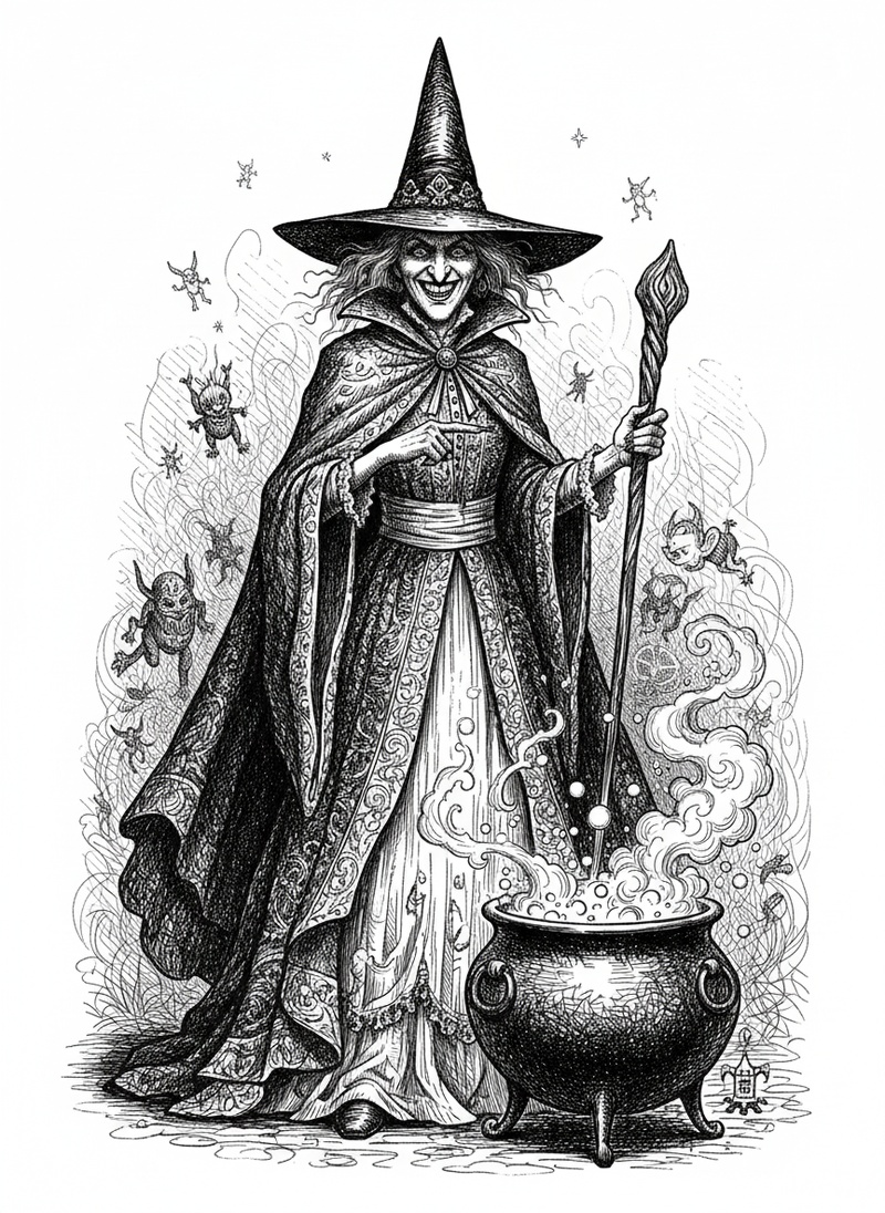 Morgana the Dark Witch in Victorian Illustration - Black & White Illustration