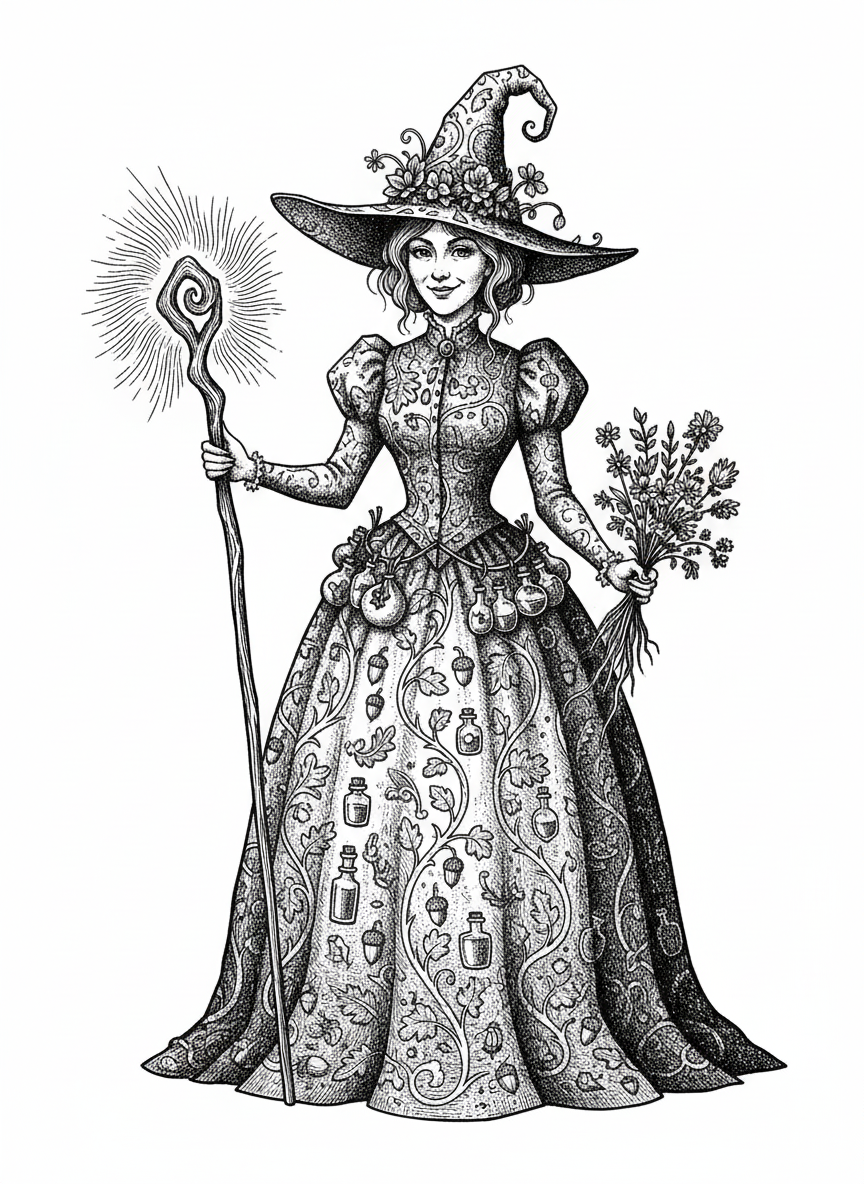 Hazel the Helpful Witch - Black & White Illustration