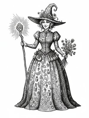 Hazel the Helpful Witch in Victorian Illustration - Black & White Illustration
