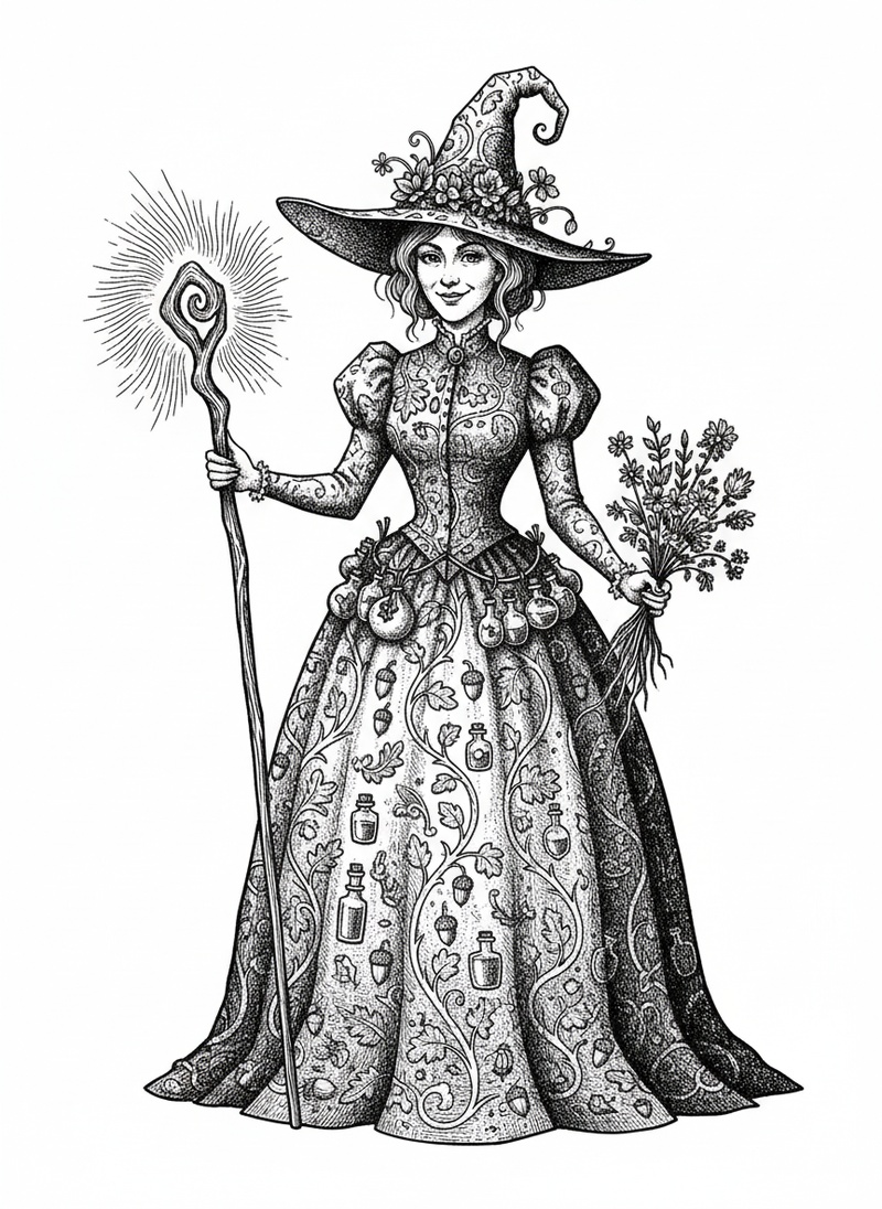 Hazel the Helpful Witch in Victorian Illustration - Black & White Illustration