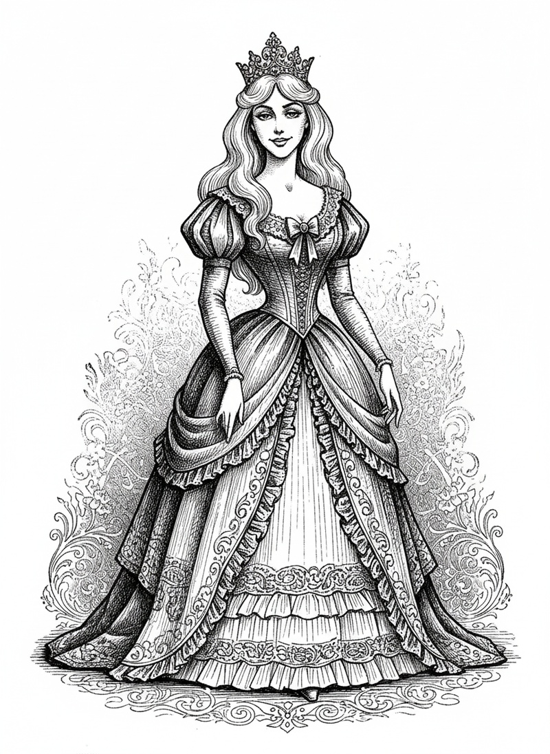 Princess Aurora Royal in Victorian Illustration - Black & White Illustration