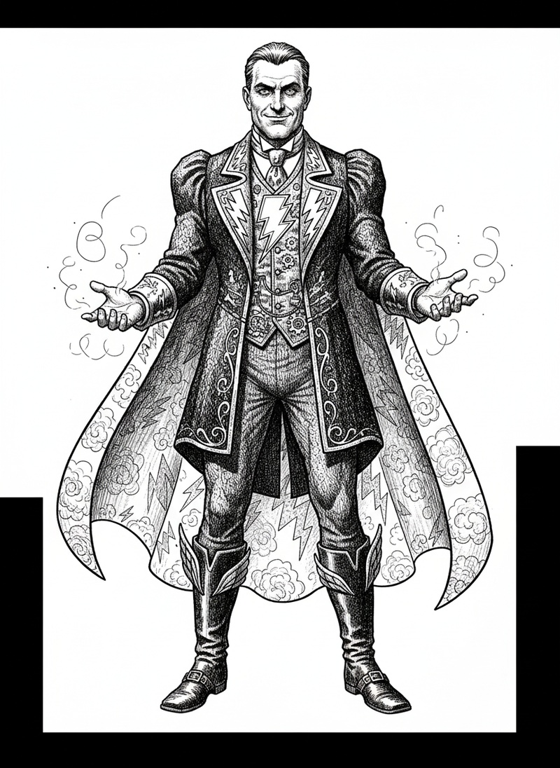 Captain Thunder the Superhero in Victorian Illustration - Black & White Illustration