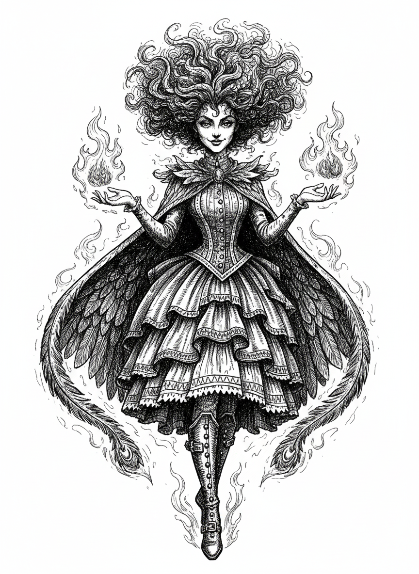 Phoenix Girl the Fire Hero - Black & White Illustration