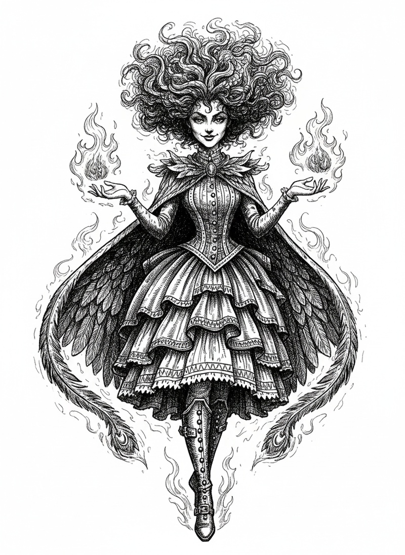 Phoenix Girl the Fire Hero in Victorian Illustration - Black & White Illustration