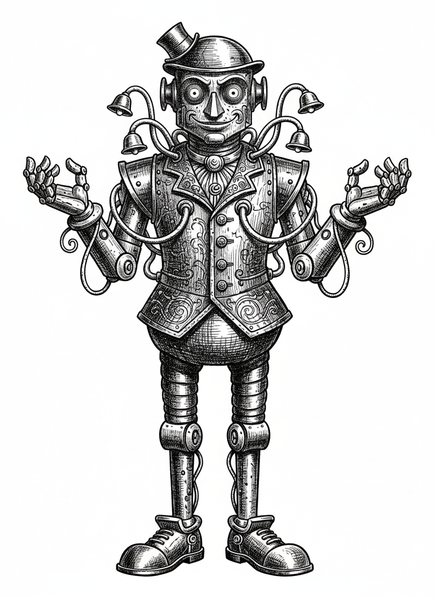 Bolt the Robot Helper - Black & White Illustration
