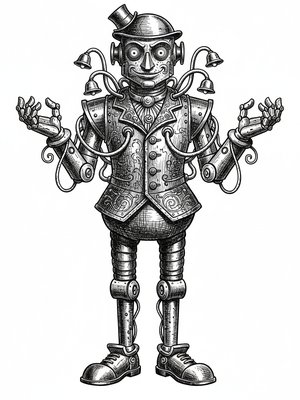 Bolt the Robot Helper in Victorian Illustration