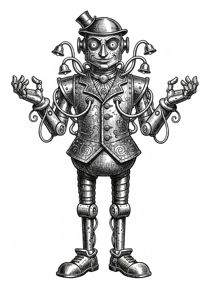 Bolt the Robot Helper in Victorian Illustration - Black & White Illustration