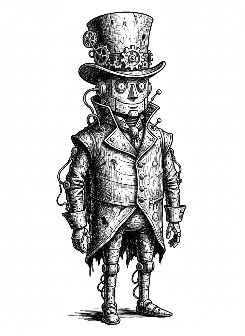 Rust the Old Robot in Victorian Illustration - Black & White Illustration