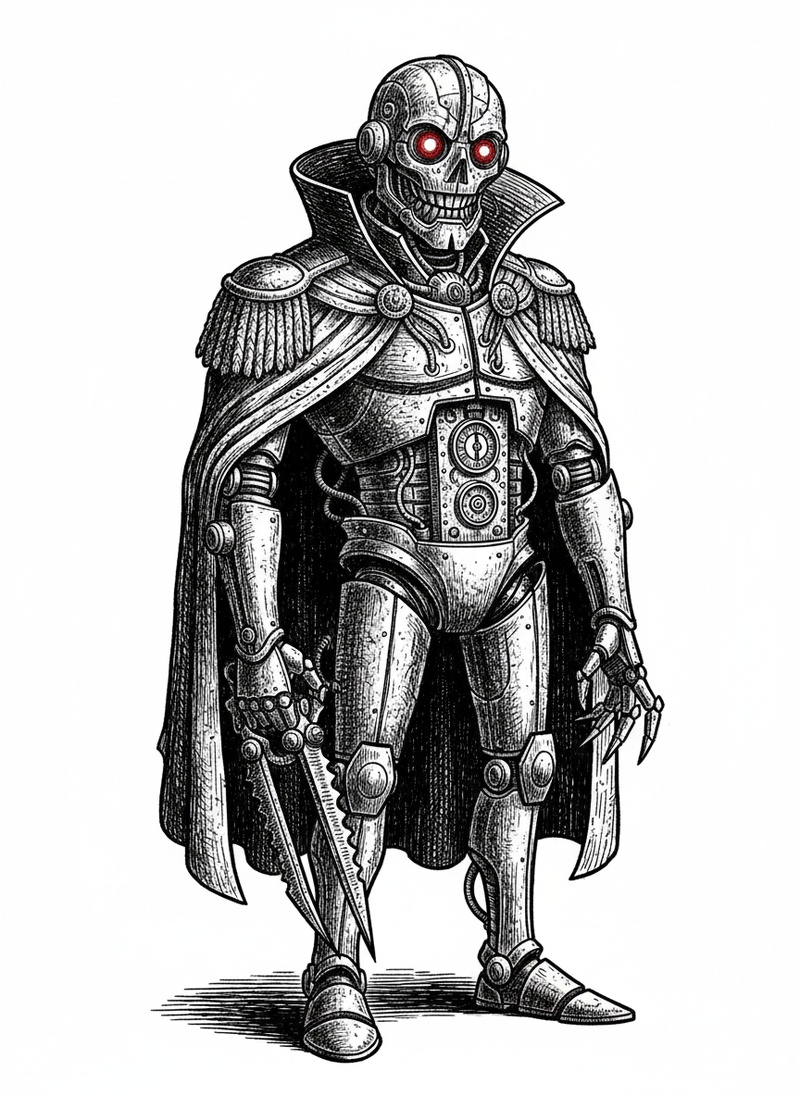 Cyber the Villain Robot in Victorian Illustration - Black & White Illustration