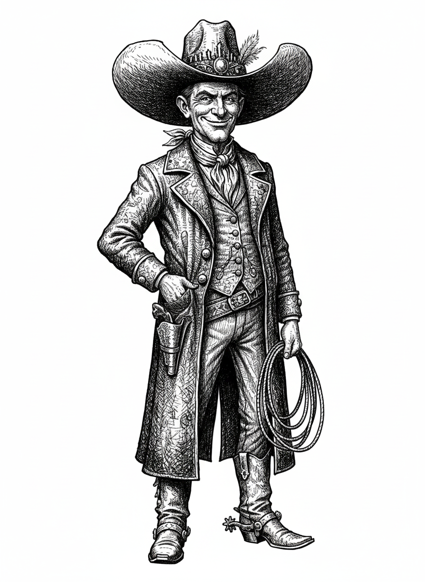 Buck the Cowboy - Black & White Illustration