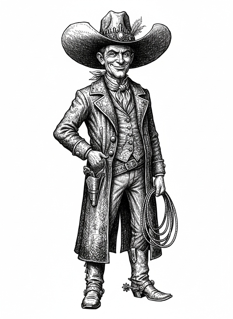Buck the Cowboy in Victorian Illustration - Black & White Illustration