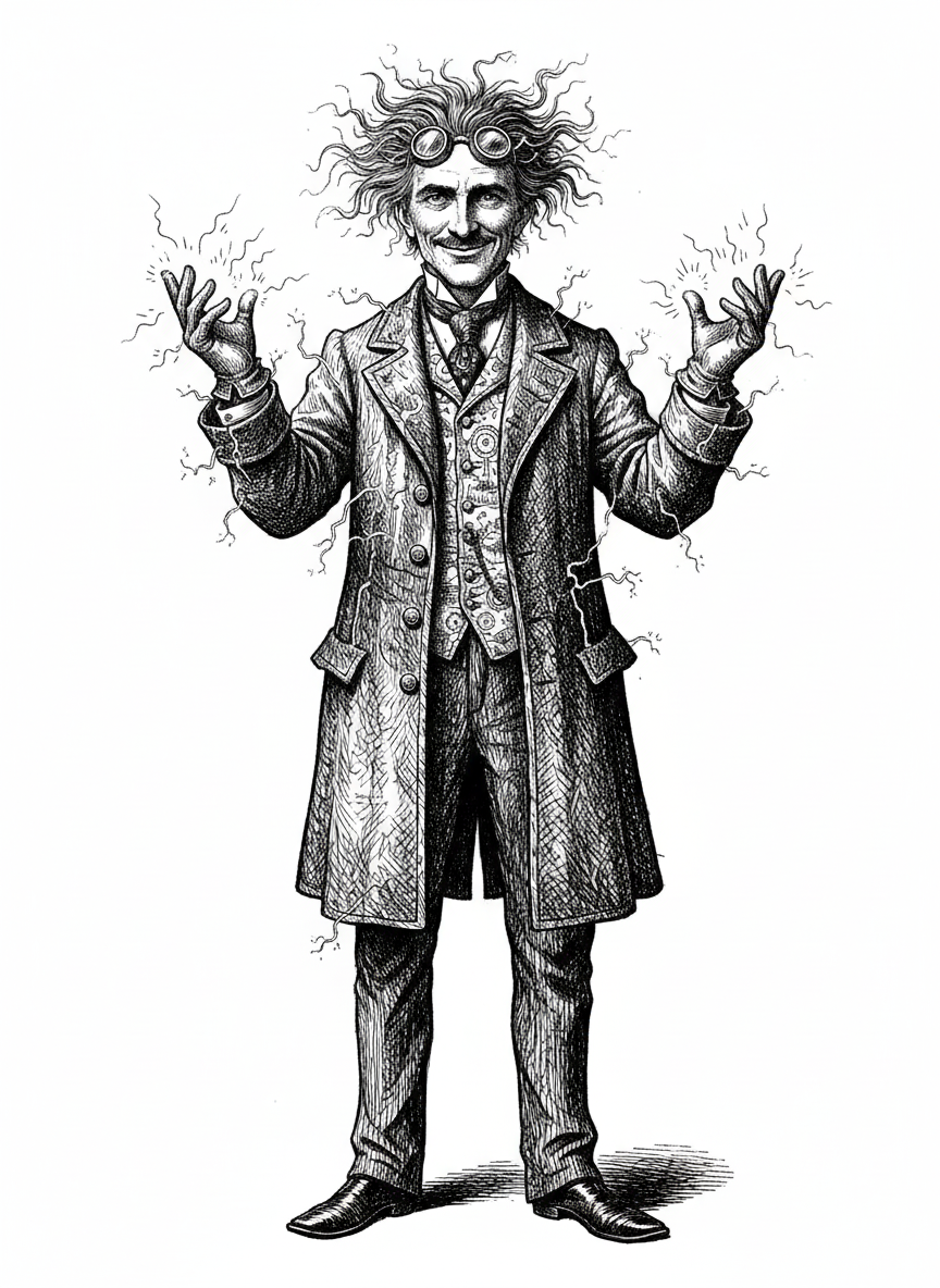 Professor Tesla the Scientist - Black & White Illustration