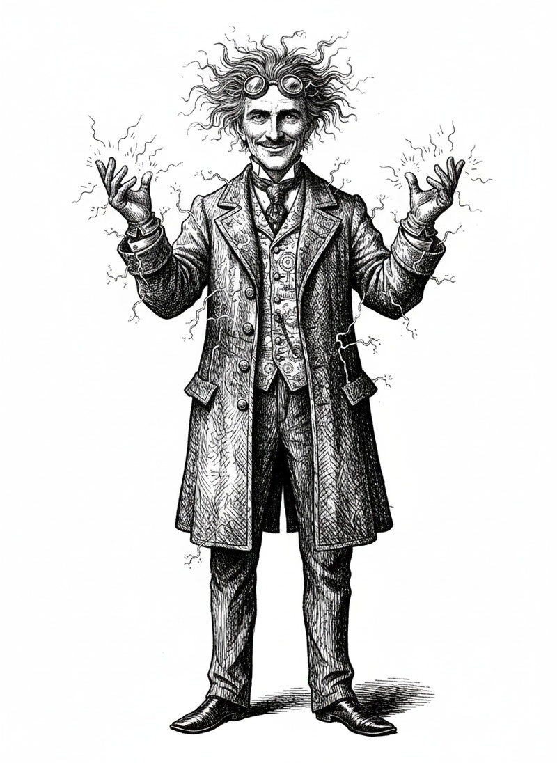 Professor Tesla the Scientist in Victorian Illustration - Black & White Illustration