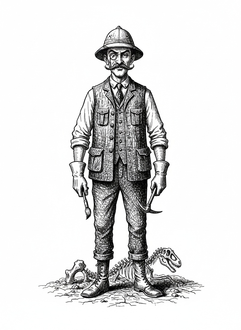 Dr. Bones the Paleontologist in Victorian Illustration - Black & White Illustration