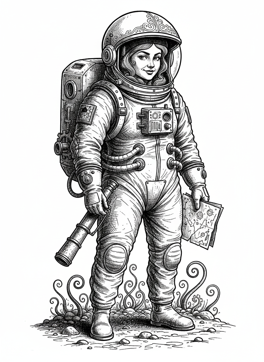 Captain Nova the Astronaut - Black & White Illustration
