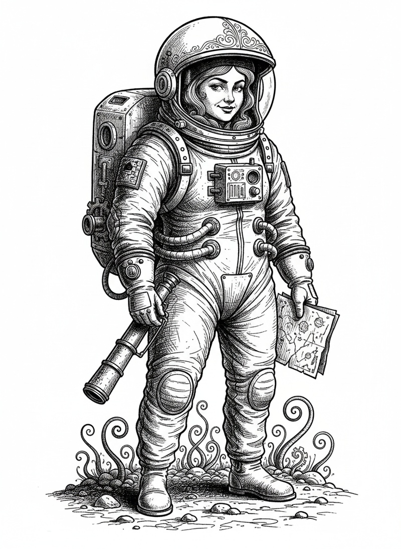 Captain Nova the Astronaut in Victorian Illustration - Black & White Illustration