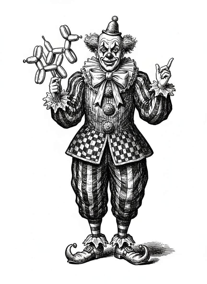 Giggles the Friendly Clown - Black & White Illustration