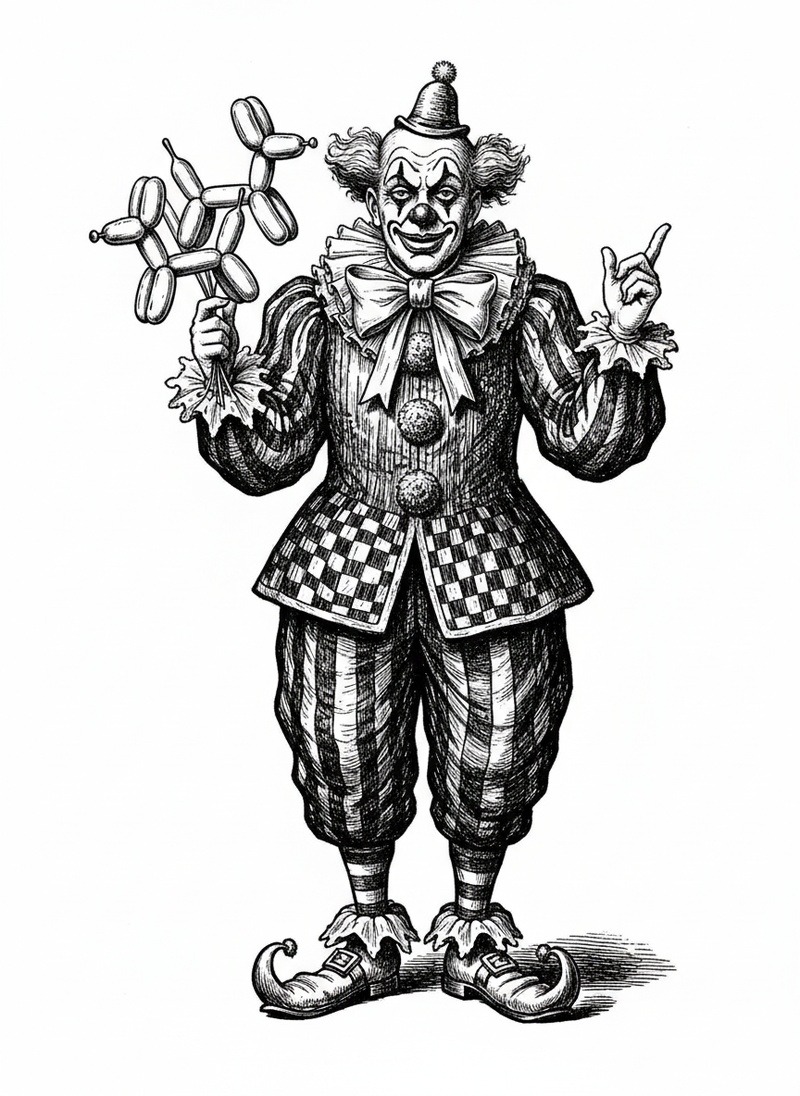 Giggles the Friendly Clown in Victorian Illustration - Black & White Illustration