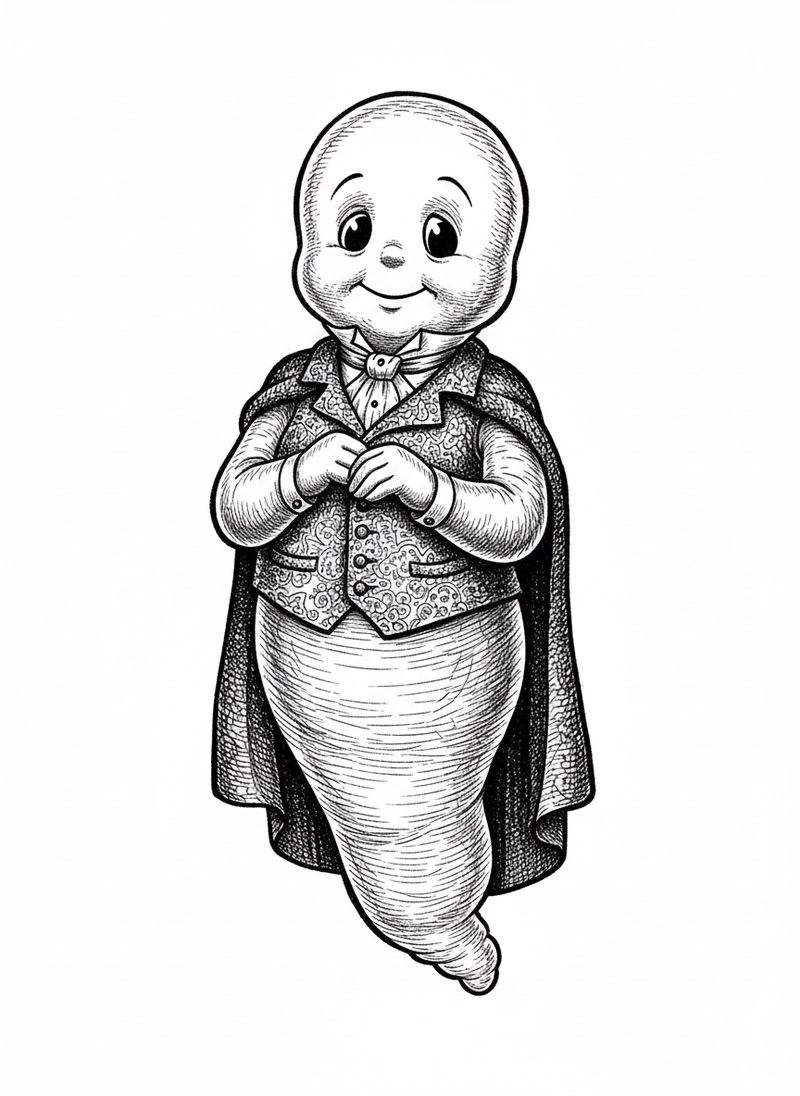 Casper the Friendly Ghost in Victorian Illustration - Black & White Illustration