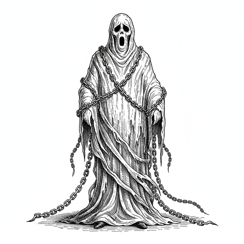 Spook the Scary Ghost in Victorian Illustration - Black & White Illustration