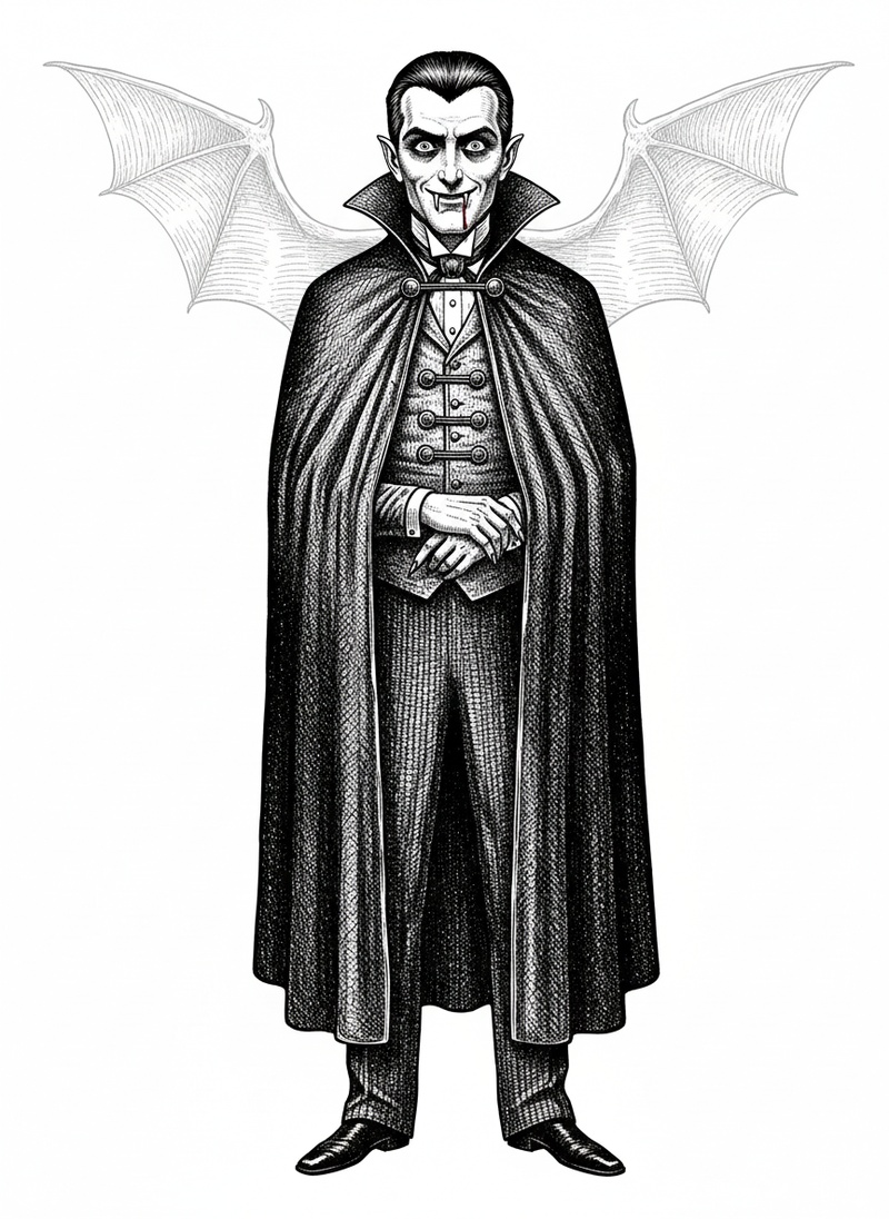 Count Dracula the Vampire in Victorian Illustration - Black & White Illustration