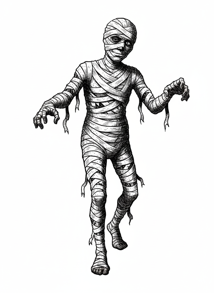 Bandages the Mummy - Black & White Illustration