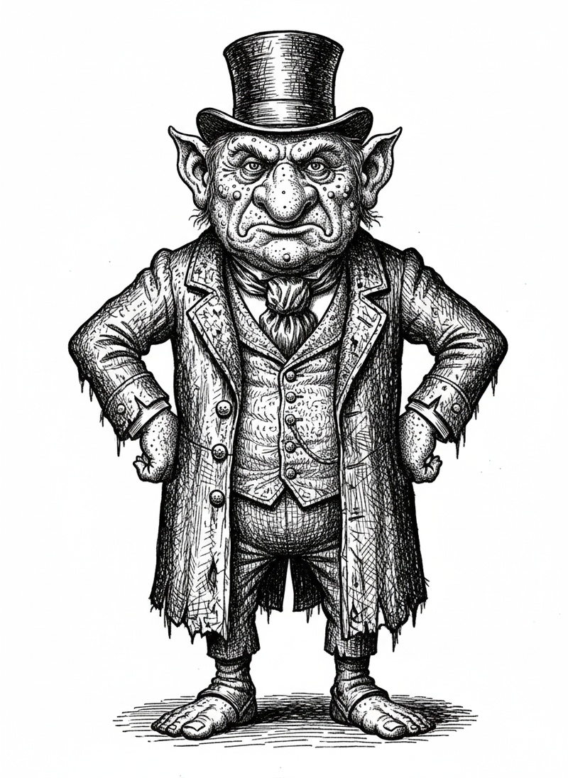 Grunch the Troll in Victorian Illustration - Black & White Illustration