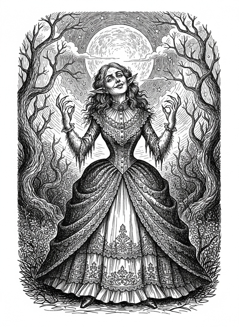Luna the Werewolf in Victorian Illustration - Black & White Illustration