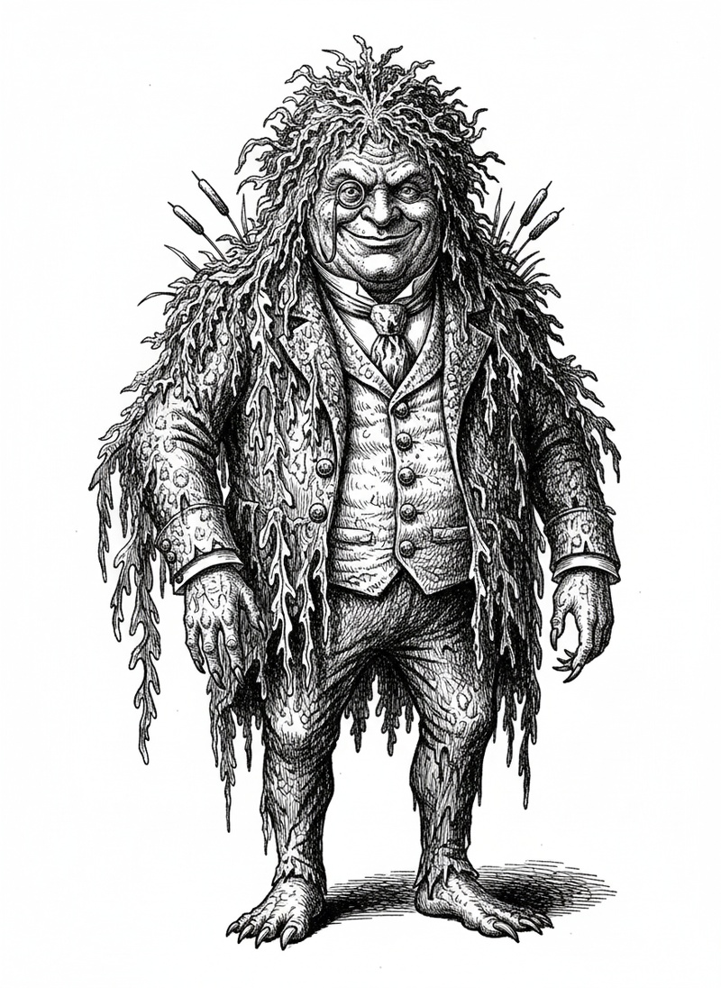 Greenie the Swamp Monster in Victorian Illustration - Black & White Illustration