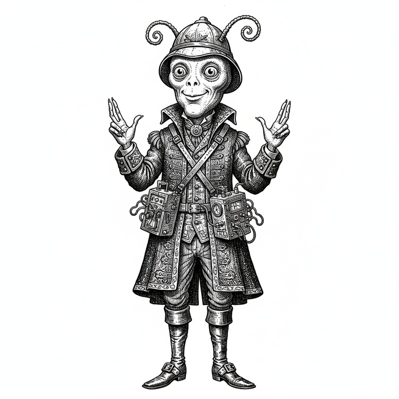 Zorg the Alien Explorer in Victorian Illustration - Black & White Illustration